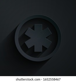 Paper cut Medical symbol of the Emergency - Star of Life icon isolated on black background. Paper art style. Vector Illustration