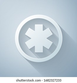 Paper cut Medical symbol of the Emergency - Star of Life icon isolated on grey background. Paper art style. Vector Illustration