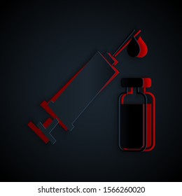 Paper cut Medical syringe with needle and vial or ampoule icon isolated on black background. Vaccination, injection, vaccine, insulin concept. Paper art style. Vector Illustration