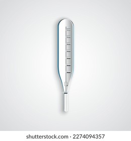 Paper cut Medical thermometer for medical examination icon isolated on grey background. Paper art style. Vector Illustration