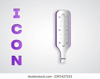 Paper cut Medical thermometer for medical examination icon isolated on grey background. Paper art style. Vector