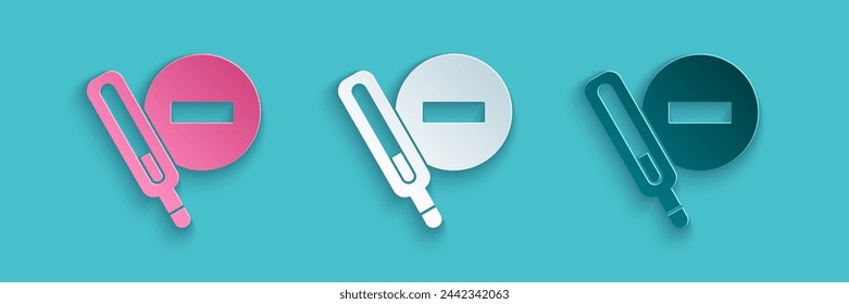 Paper cut Medical thermometer for medical examination icon isolated on blue background. Paper art style. Vector