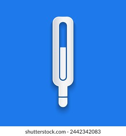 Paper cut Medical thermometer for medical examination icon isolated on blue background. Paper art style. Vector