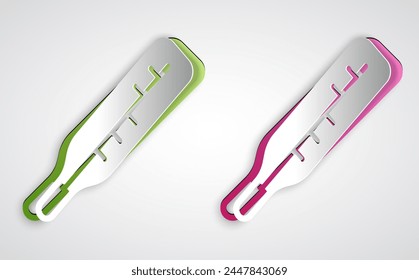 Paper cut Medical thermometer for medical examination icon isolated on grey background. Paper art style. Vector