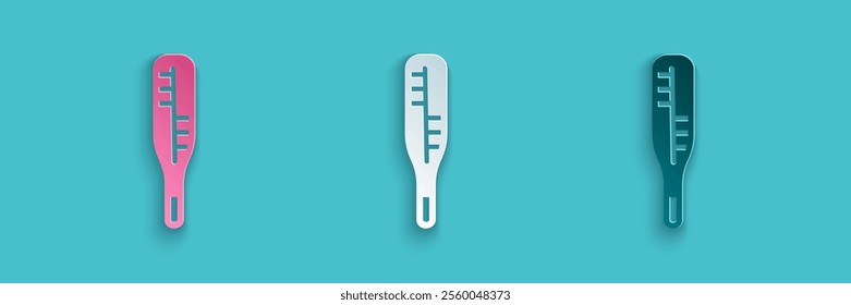 Paper cut Medical thermometer for medical examination icon isolated on blue background. Paper art style. Vector