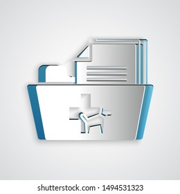 Paper cut Medical veterinary record folder icon isolated on grey background. Dog or cat paw print. Document for pet. Patient file icon. Paper art style. Vector Illustration