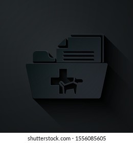 Paper cut Medical veterinary record folder icon isolated on black background. Dog or cat paw print. Document for pet. Patient file icon. Paper art style. Vector Illustration