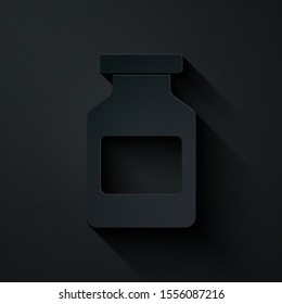 Paper cut Medicine bottle icon isolated on black background. Bottle pill sign. Pharmacy design. Paper art style. Vector Illustration
