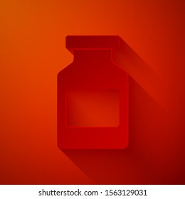Paper cut Medicine bottle icon isolated on red background. Bottle pill sign. Pharmacy design. Paper art style. Vector Illustration