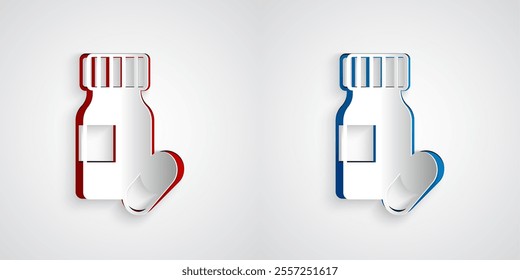 Paper cut Medicine bottle and pills icon isolated on grey background. Bottle pill sign. Pharmacy design. Paper art style. Vector