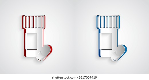 Paper cut Medicine bottle and pills icon isolated on grey background. Bottle pill sign. Pharmacy design. Paper art style. Vector