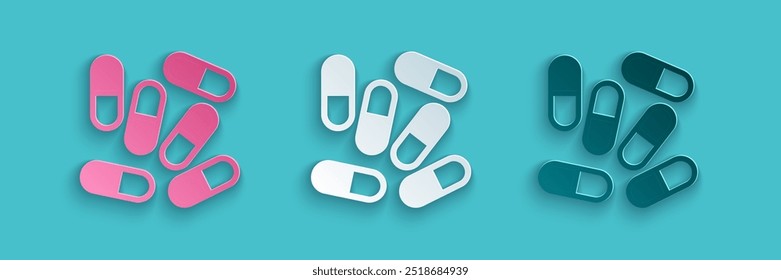 Paper cut Medicine pill or tablet icon isolated on blue background. Capsule pill and drug sign. Pharmacy design. Paper art style. Vector