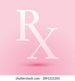 Paper cut Medicine symbol Rx prescription icon isolated on pink background. Paper art style. Vector.