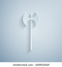 Paper cut Medieval axe icon isolated on grey background. Battle axe, executioner axe. Medieval weapon. Paper art style. Vector Illustration