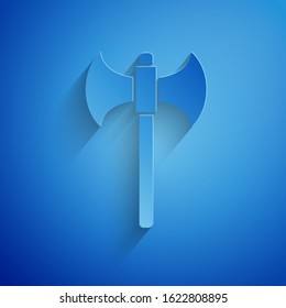 Paper cut Medieval axe icon isolated on blue background. Battle axe, executioner axe. Paper art style. Vector Illustration