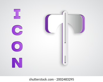 Icono de hacha medieval cortado de papel aislado en fondo gris. Battle ax, verdugo hacha. arma medieval. Estilo de arte de papel. Vector
