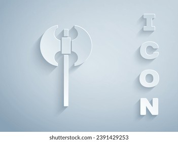 Paper cut Medieval axe icon isolated on grey background. Battle axe, executioner axe. Medieval weapon. Paper art style. Vector