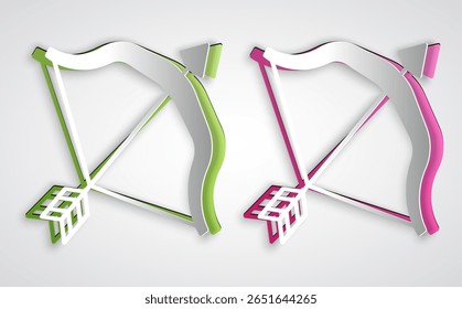 Paper cut Medieval bow and arrow icon isolated on grey background. Medieval weapon. Paper art style. Vector