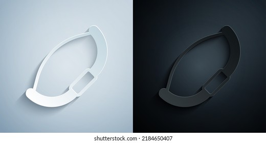 Paper cut Medieval bow icon isolated on grey and black background. Medieval weapon. Paper art style. Vector