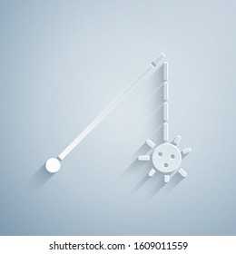 Paper cut Medieval chained mace ball icon isolated on grey background. Medieval weapon. Paper art style. Vector Illustration