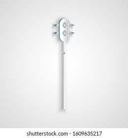 Paper cut Medieval chained mace ball icon isolated on grey background. Medieval weapon. Paper art style. Vector Illustration