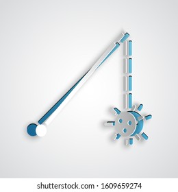 Paper cut Medieval chained mace ball icon isolated on grey background. Medieval weapon. Paper art style. Vector Illustration