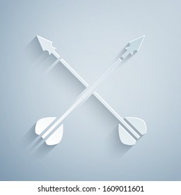 Paper cut Medieval crossed arrows icon isolated on grey background. Medieval weapon. Paper art style. Vector Illustration