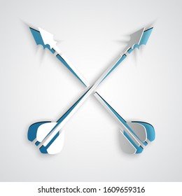 Paper cut Medieval crossed arrows icon isolated on grey background. Medieval weapon. Paper art style. Vector Illustration