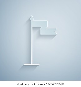 Paper cut Medieval flag icon isolated on grey background. Country, state, or territory ruled by a king or queen. Paper art style. Vector Illustration