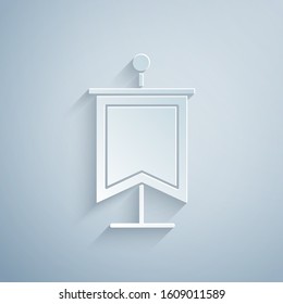 Paper cut Medieval flag icon isolated on grey background. Country, state, or territory ruled by a king or queen. Paper art style. Vector Illustration