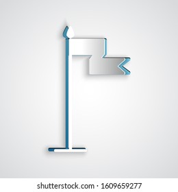 Paper cut Medieval flag icon isolated on grey background. Country, state, or territory ruled by a king or queen. Paper art style. Vector Illustration
