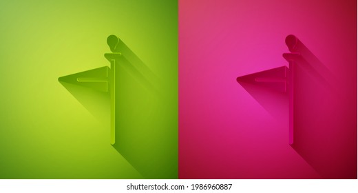 Paper cut Medieval flag icon isolated on green and pink background. Country, state, or territory ruled by a king or queen. Paper art style. Vector