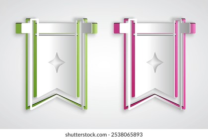 Paper cut Medieval flag icon isolated on grey background. Country, state, or territory ruled by a king or queen. Paper art style. Vector