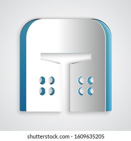 Paper cut Medieval iron helmet for head protection icon isolated on grey background. Paper art style. Vector Illustration