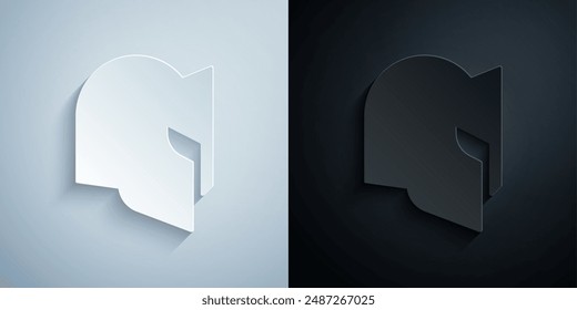 Paper cut Medieval iron helmet for head protection icon isolated on grey and black background. Knight helmet. Paper art style. Vector