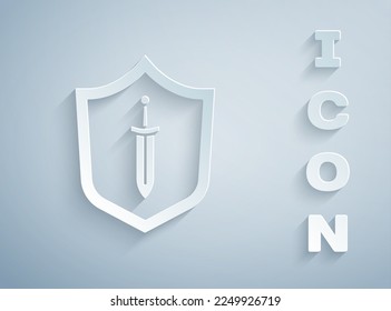 Paper cut Medieval shield with sword icon isolated on grey background. Paper art style. Vector