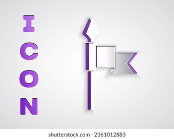 Icono de la lanza medieval cortada en papel aislado en fondo gris. arma medieval. Estilo de arte de papel. Vector