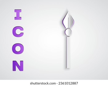 Paper cut Medieval spear icon isolated on grey background. Medieval weapon. Paper art style. Vector