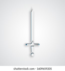 Paper cut Medieval sword icon isolated on grey background. Medieval weapon. Paper art style. Vector Illustration