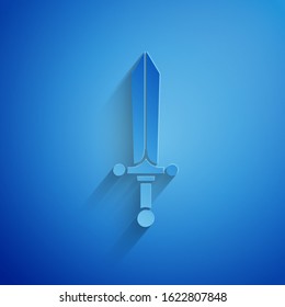 Paper cut Medieval sword icon isolated on blue background. Paper art style. Vector Illustration