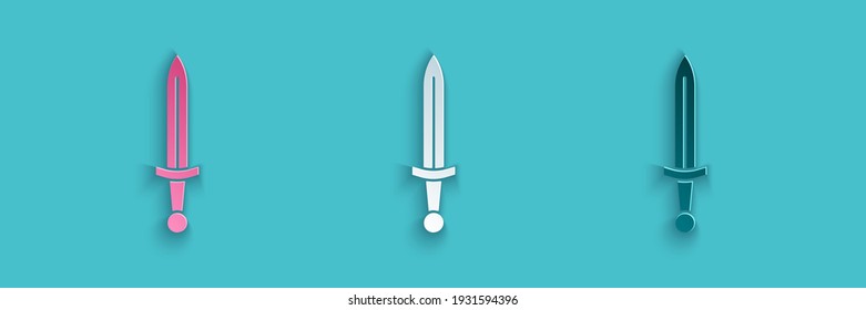 Paper cut Medieval sword icon isolated on blue background. Medieval weapon. Paper art style. Vector
