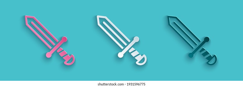 Icono de la espada medieval cortada en papel aislado en fondo azul. arma medieval. Estilo de arte de papel. Vector