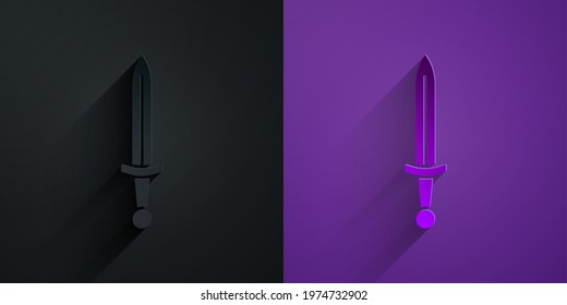 Paper cut Medieval sword icon isolated on black on purple background. Medieval weapon. Paper art style. Vector