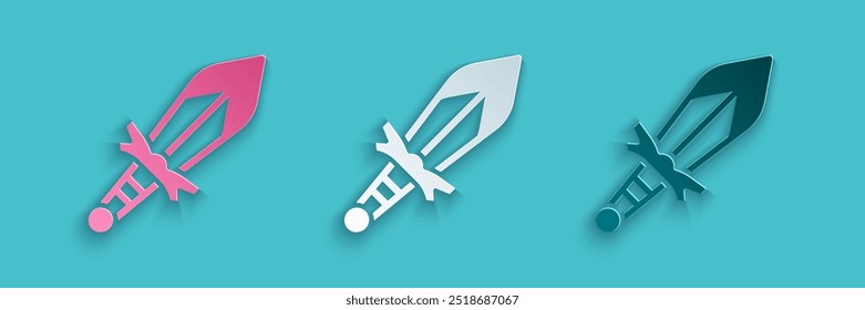 Paper cut Medieval sword icon isolated on blue background. Medieval weapon. Paper art style. Vector