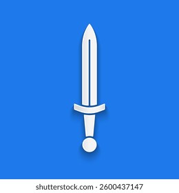 Paper cut Medieval sword icon isolated on blue background. Medieval weapon. Paper art style. Vector