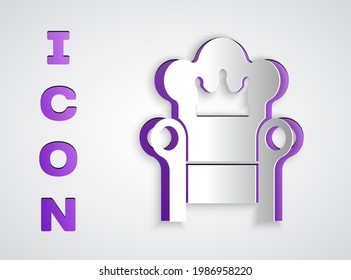Paper cut Medieval throne icon isolated on grey background. Paper art style. Vector