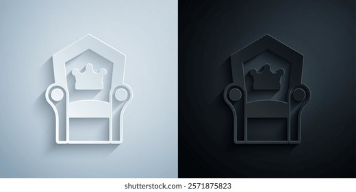 Paper cut Medieval throne icon isolated on grey and black background. Paper art style. Vector