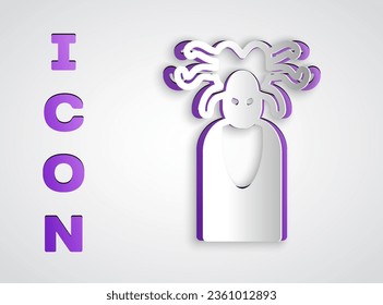 Paper cut Medusa Gorgon head with snakes greek icon isolated on grey background. Paper art style. Vector