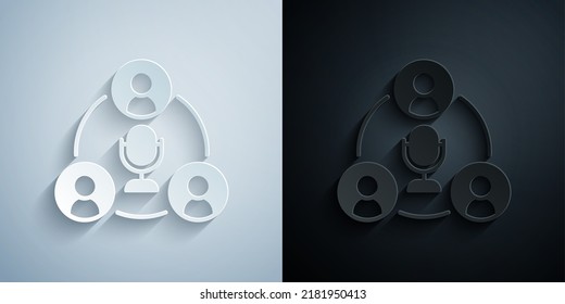Paper cut Meeting icon isolated on grey and black background. Business team meeting, discussion concept, analysis, content strategy. Presentation conference. Paper art style. Vector