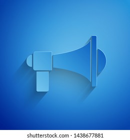 Paper cut Megaphone icon isolated on blue background. Loud speach alert concept. Bullhorn for Mouthpiece scream promotion. Paper art style. Vector Illustration